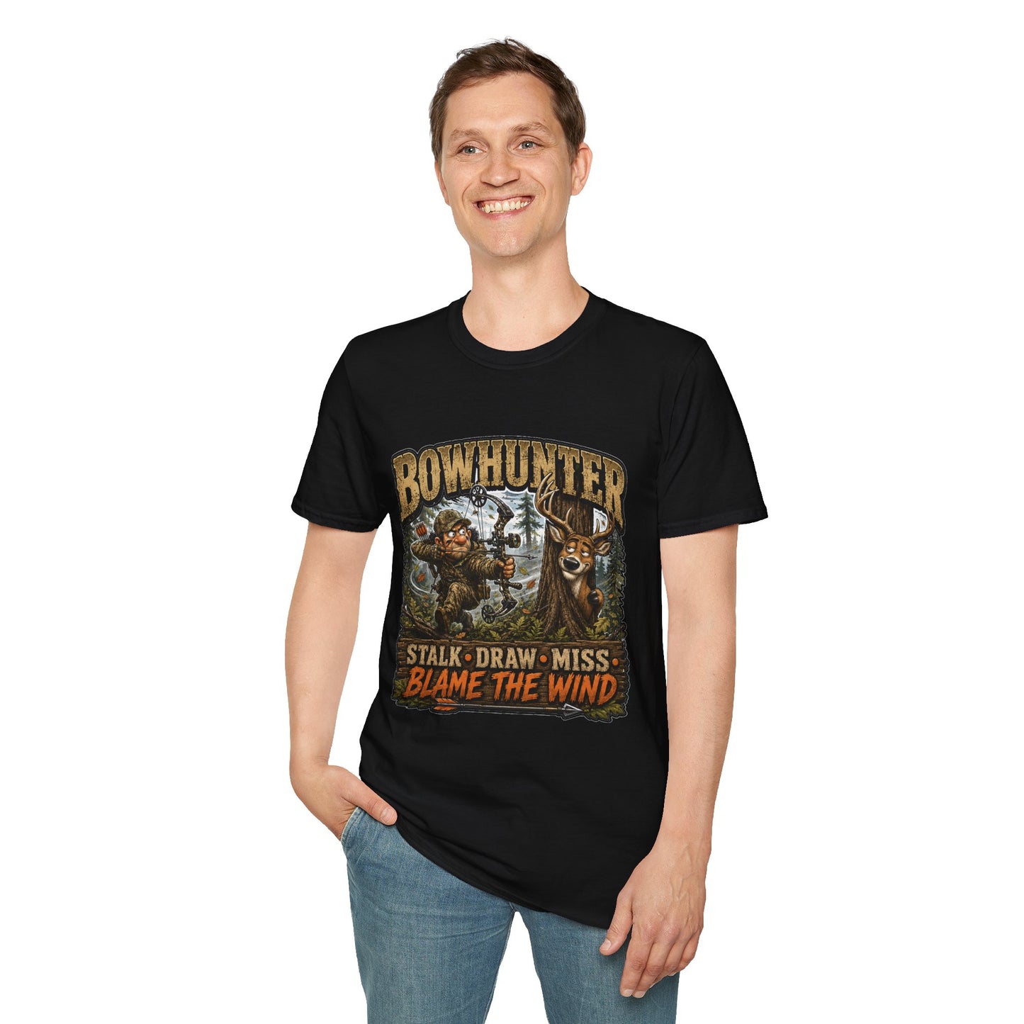 Bowhunter T-Shirt — "Stalk • Draw • Miss • Blame The Wind" Hunting Graphic Tee