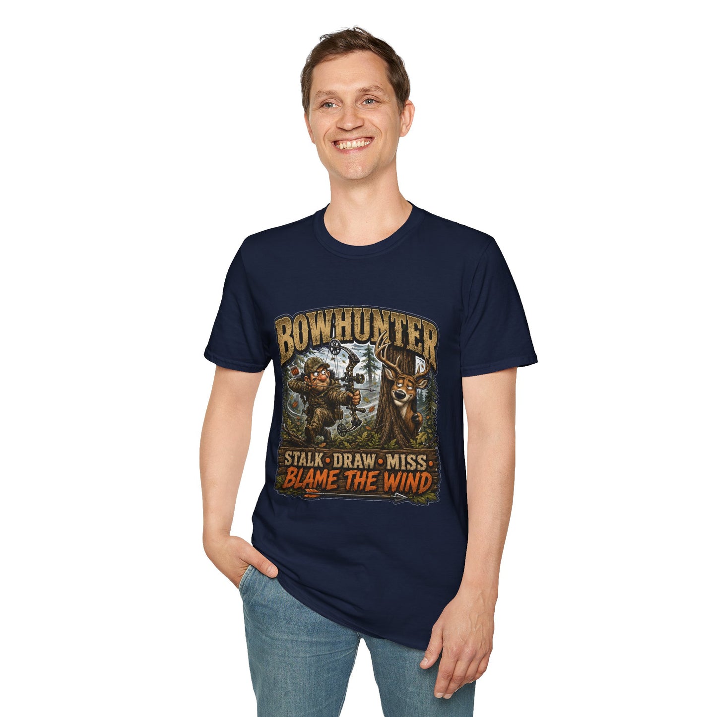 Bowhunter T-Shirt — "Stalk • Draw • Miss • Blame The Wind" Hunting Graphic Tee