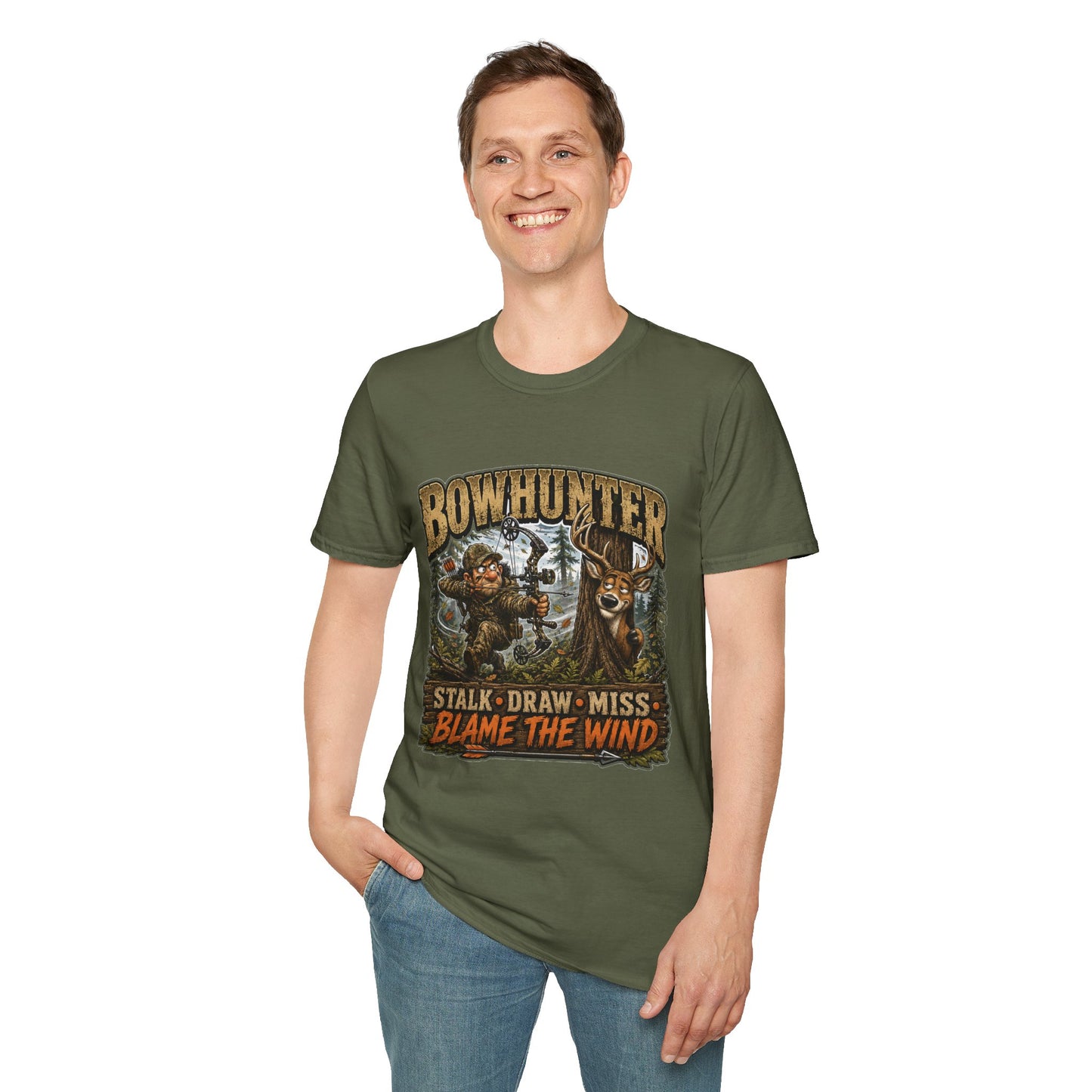 Bowhunter T-Shirt — "Stalk • Draw • Miss • Blame The Wind" Hunting Graphic Tee