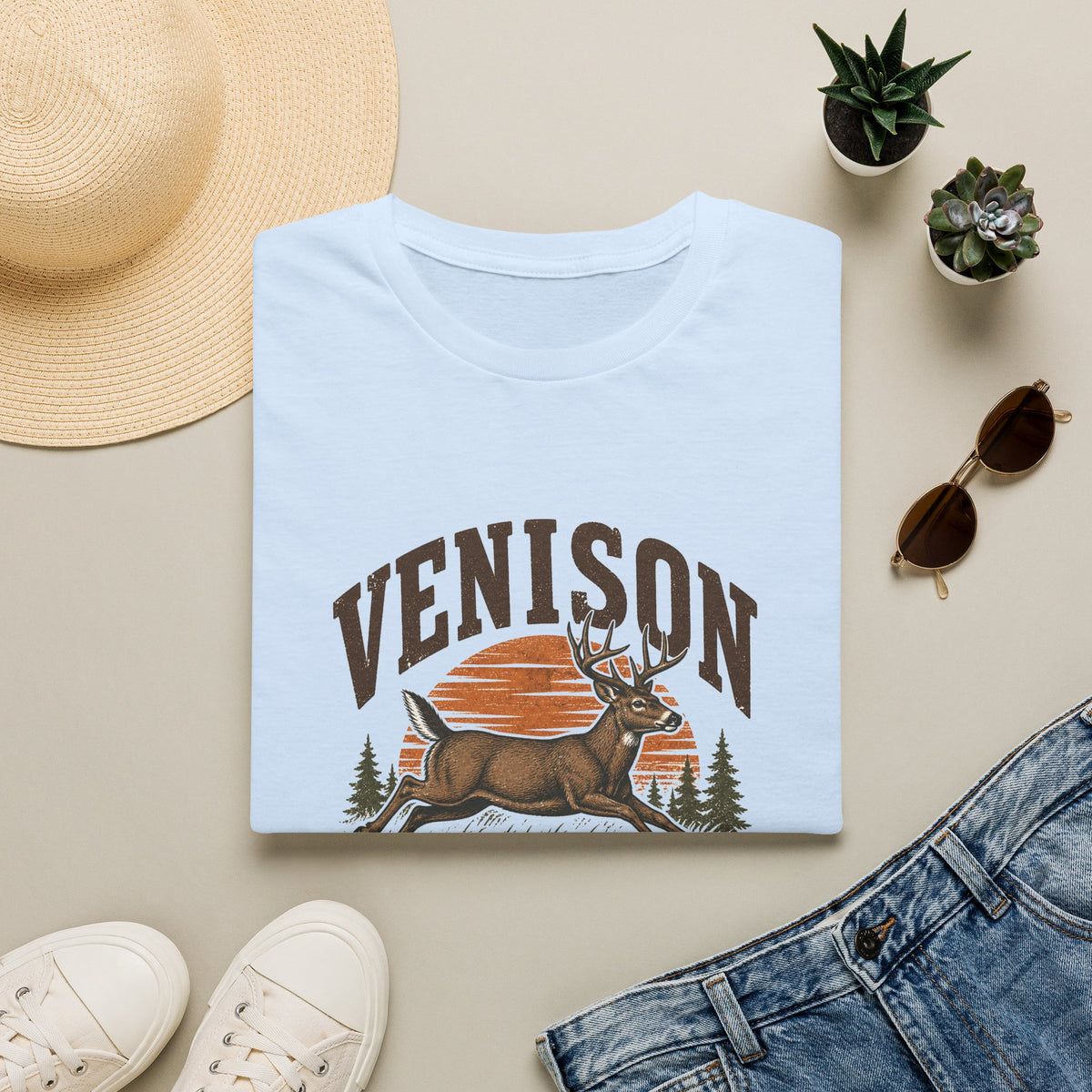 Venison Deer T‑Shirt — Retro Hunting Vintage Sunset Graphic Tee