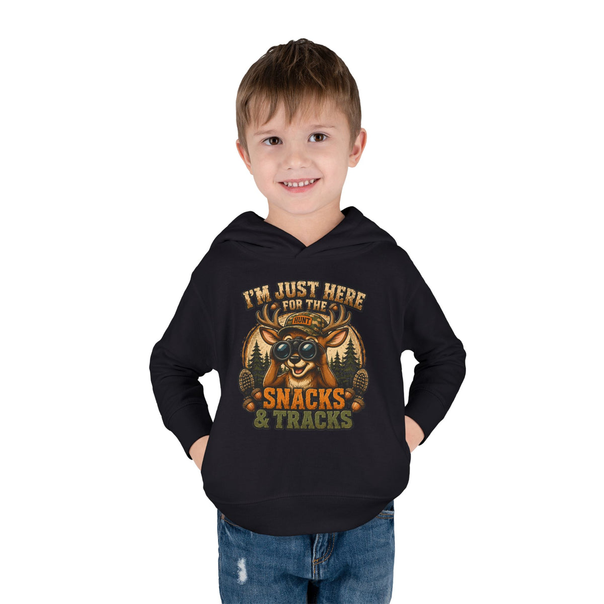 Toddler Hoodie — "I'm Just Here for the Snacks & Tracks" Cute Deer Pullover