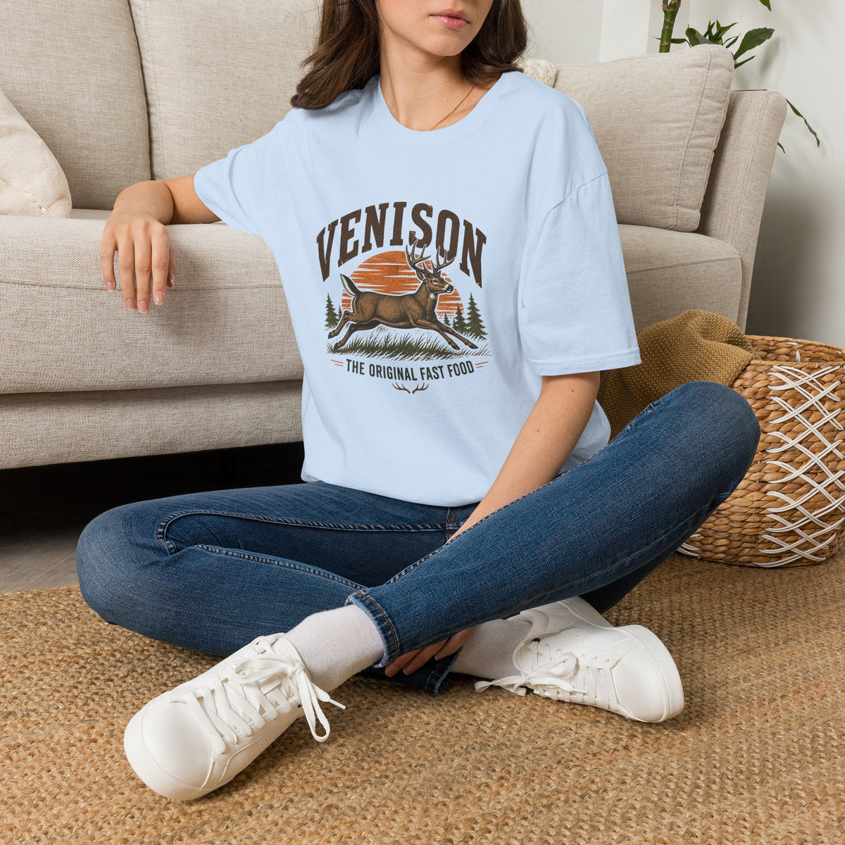 Venison Deer T‑Shirt — Retro Hunting Vintage Sunset Graphic Tee