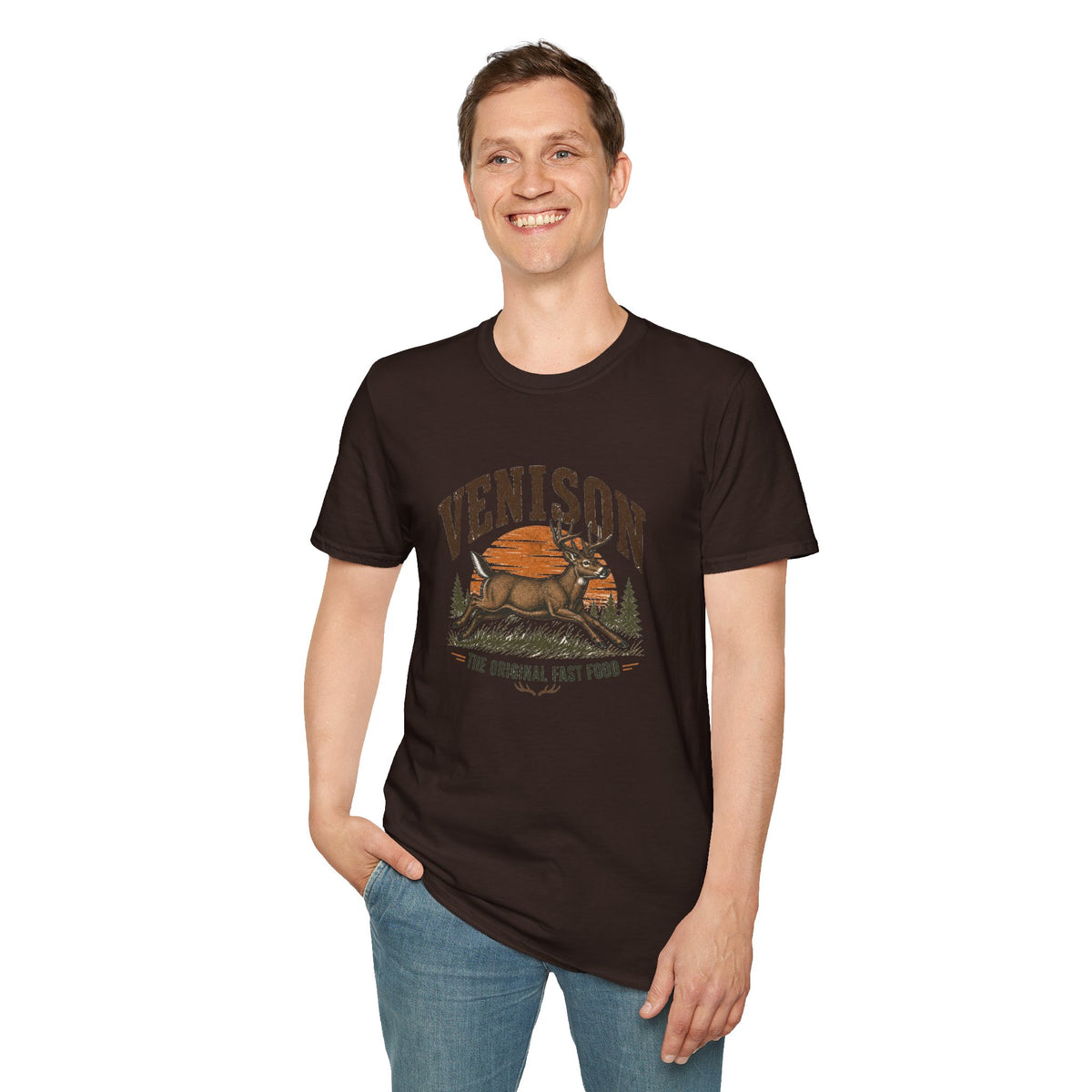 Venison Deer T‑Shirt — Retro Hunting Vintage Sunset Graphic Tee