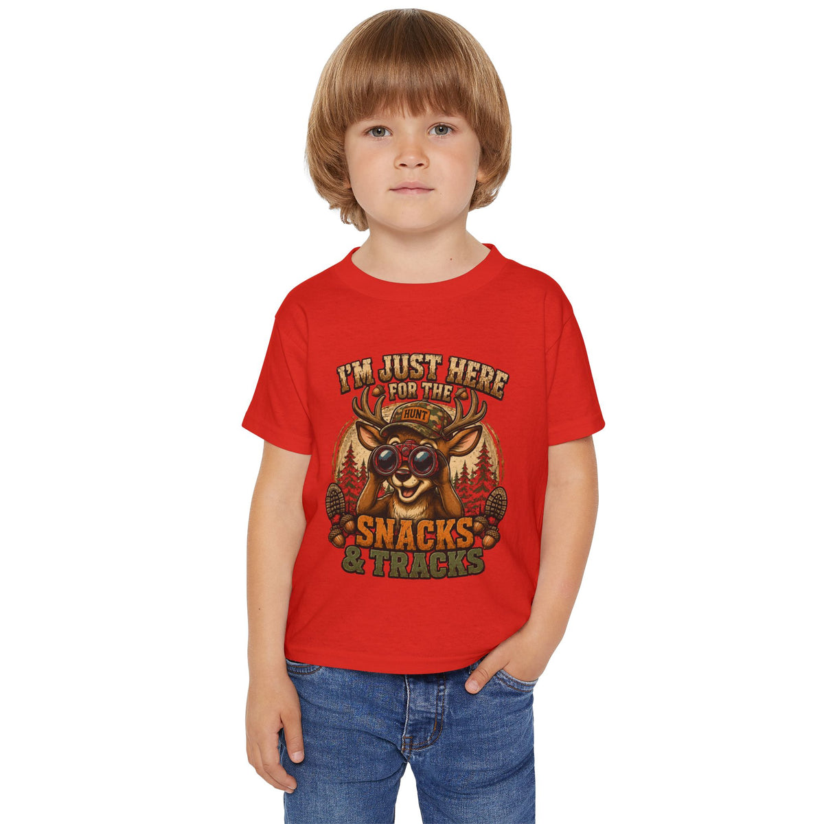 Toddler T-Shirt — "I'm Just Here for the Snacks & Tracks" Cute Deer Camping Shirt