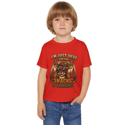 Toddler T-Shirt — "I'm Just Here for the Snacks & Tracks" Cute Deer Camping Shirt