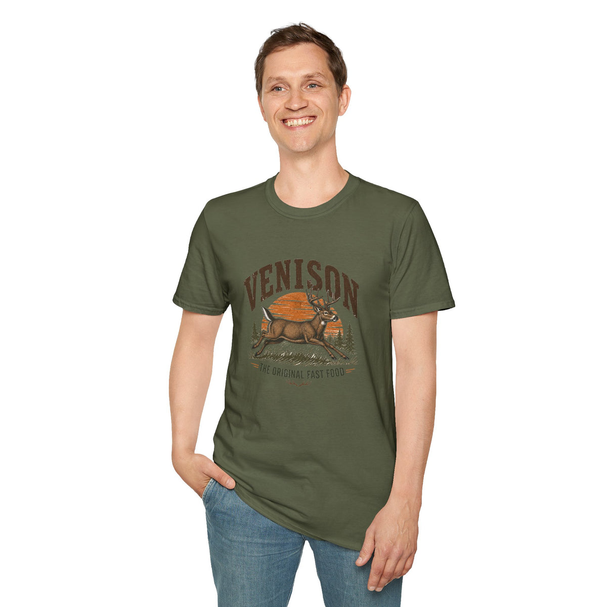 Venison Deer T‑Shirt — Retro Hunting Vintage Sunset Graphic Tee