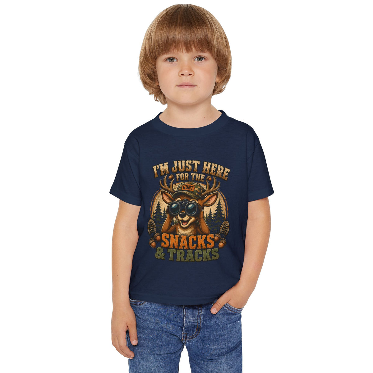 Toddler T-Shirt — "I'm Just Here for the Snacks & Tracks" Cute Deer Camping Shirt