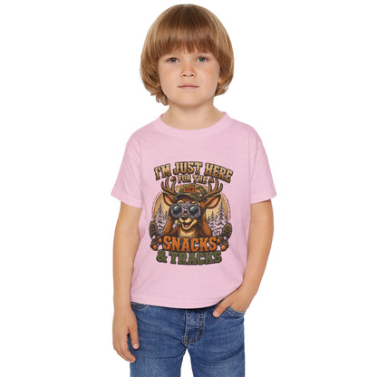 Toddler T-Shirt — "I'm Just Here for the Snacks & Tracks" Cute Deer Camping Shirt