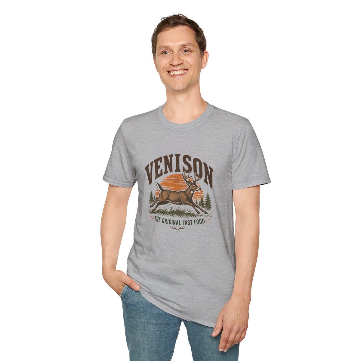 Venison Deer T‑Shirt — Retro Hunting Vintage Sunset Graphic Tee