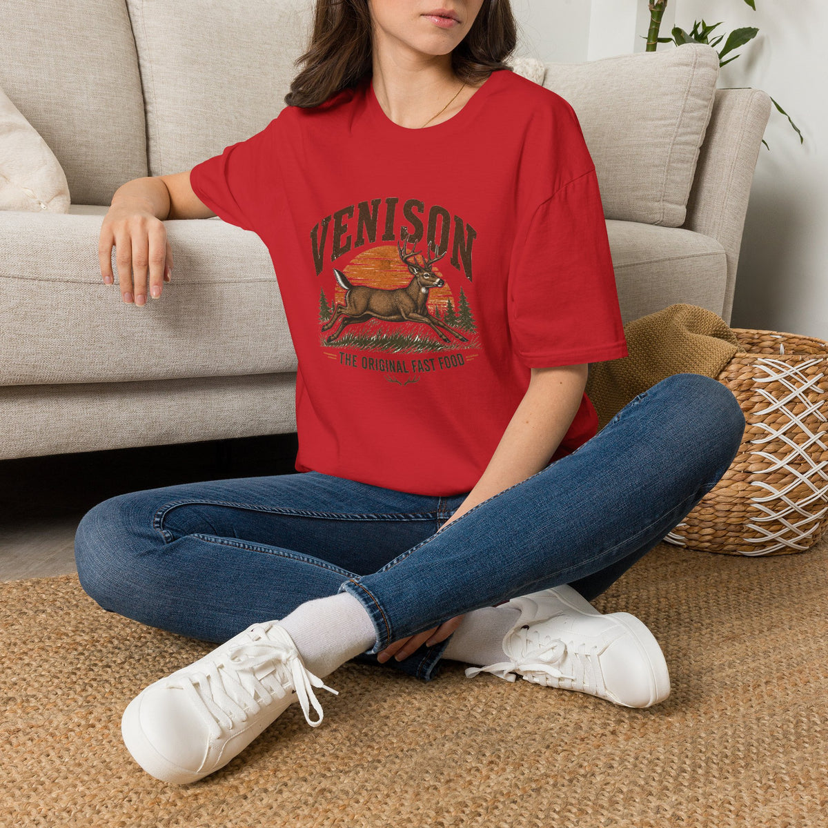 Venison Deer T‑Shirt — Retro Hunting Vintage Sunset Graphic Tee