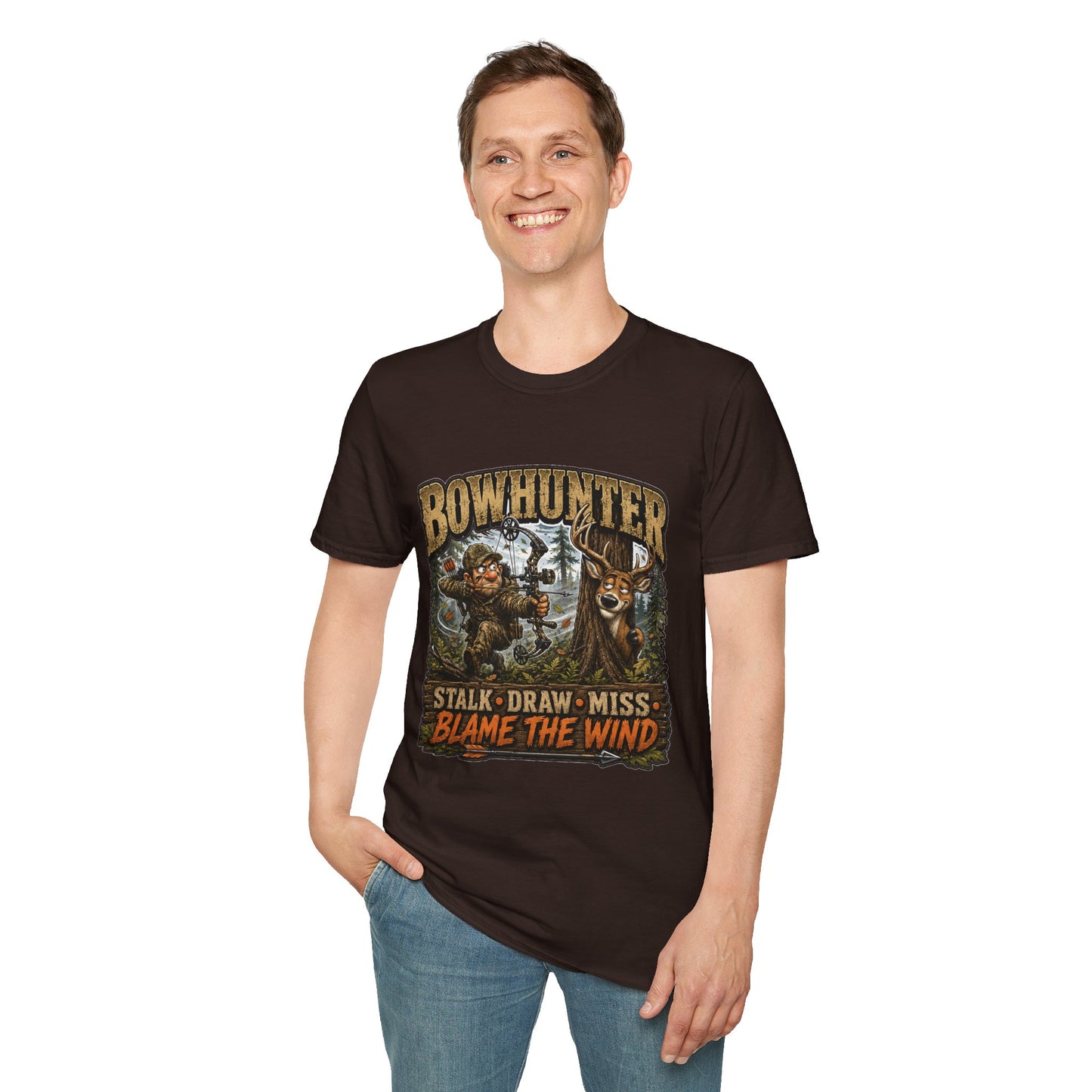 Bowhunter T-Shirt — "Stalk • Draw • Miss • Blame The Wind" Hunting Graphic Tee