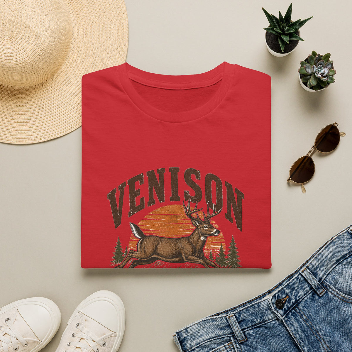Venison Deer T‑Shirt — Retro Hunting Vintage Sunset Graphic Tee